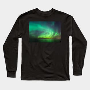 Northern lights over lake in Finland Long Sleeve T-Shirt